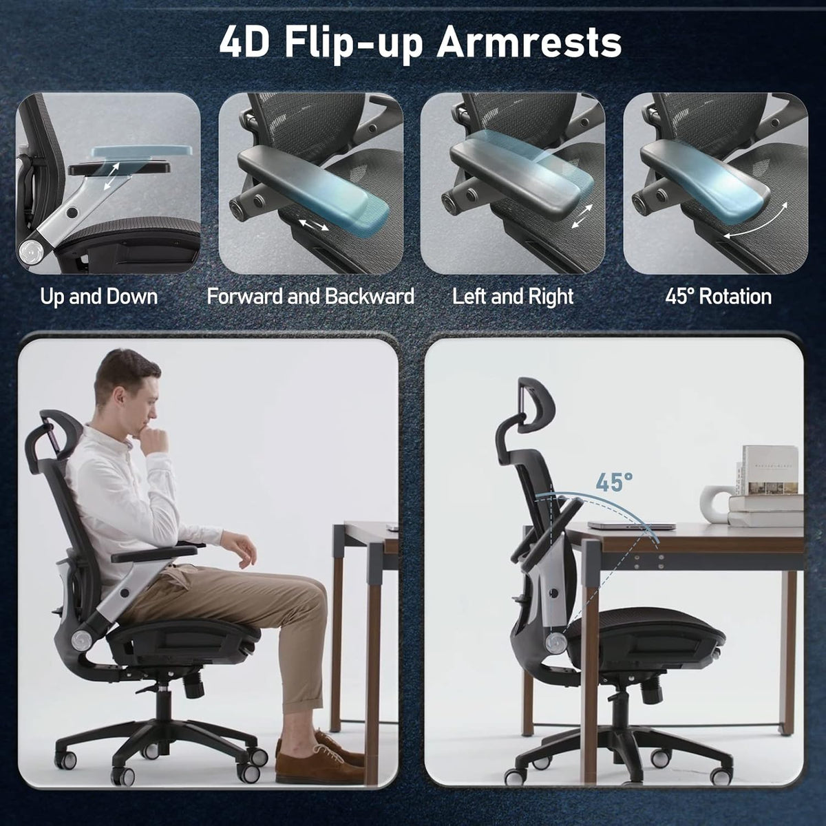 COLAMY Ergonomic Mesh Office Chair with Footrest, High Back Computer Executive Desk Chair with Headrest and 4D Flip-up Armrests, Adjustable Tilt Lock and Lumbar Support-Black
