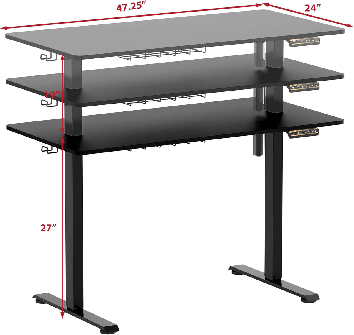 SHW 48-Inch Electric Height Adjustable Sit to Stand Desk with Hanging Hooks and Cable Management, Black Frame and Black Top