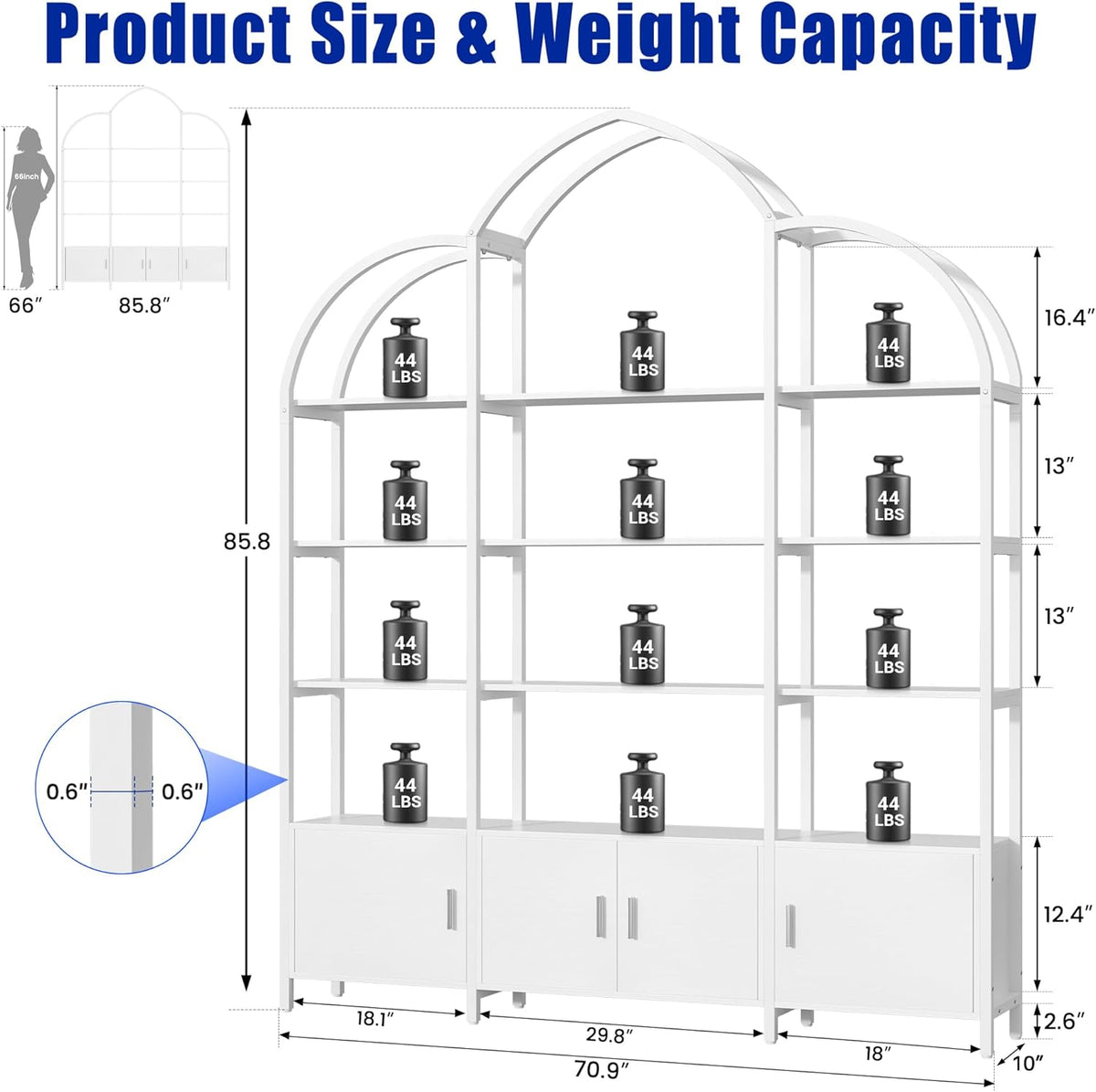 Triple Wide 5 Tier Tall Arched Bookshelf and Bookcase with 3 Cabinets, Industrial Metal Etagere Open Bookshelf, Wood Standing Book Shelf with Black Metal Frame for Bedroom Living Room