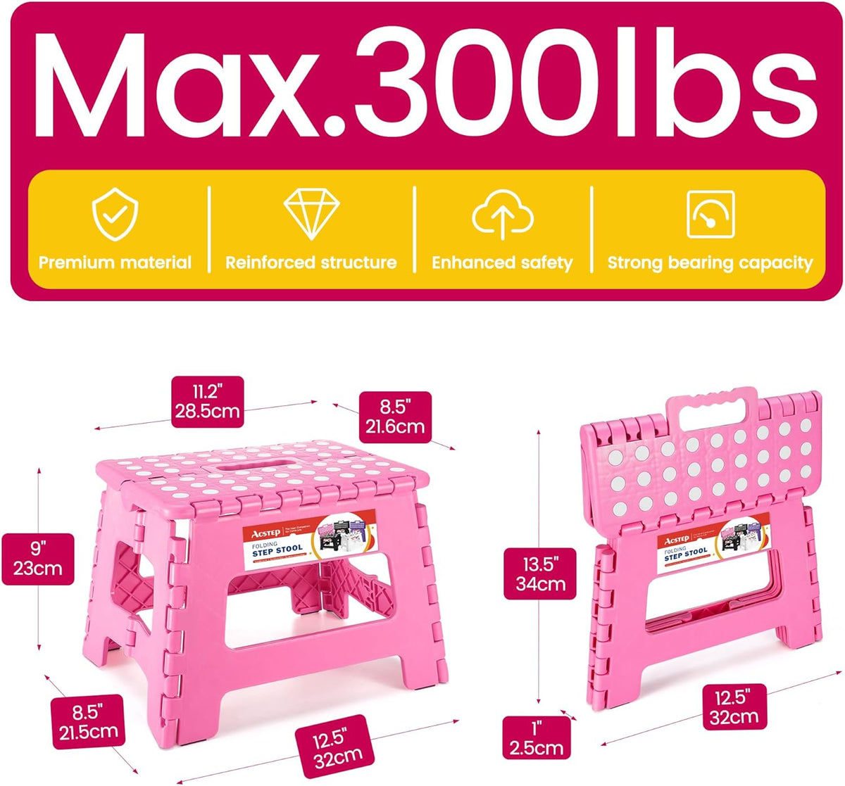 ACSTEP 9 Inch Folding Step Stool - The Lightweight Step Stool is Sturdy and Safe Enough. Opens Easy with One Flip. Great for Kitchen, Bathroom, Bedroom Pink