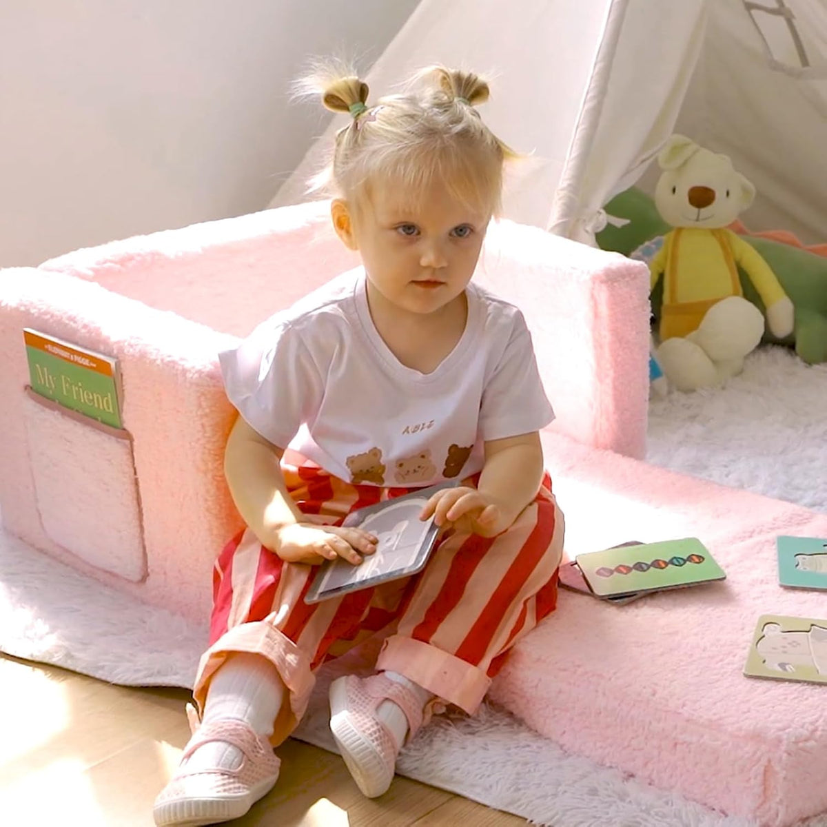 ALIMORDEN 2-in-1 Flip Out Cuddly Sherpa Toddler Couch Convertible Sofa to Lounger, Pink