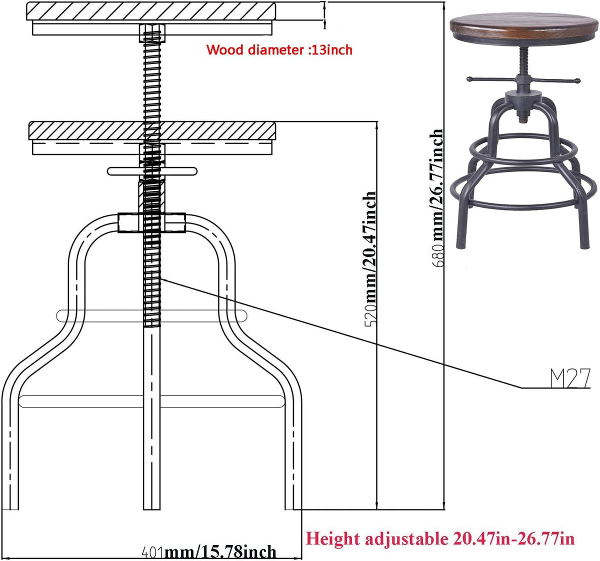 Diwhy Industrial Vintage Bar Stool, Kitchen Counter Height Adjustable Pipe Stool, Cast Iron, Swivel, Metal, 27 Inch, Fully Welded Set (Brown Wooden Top)