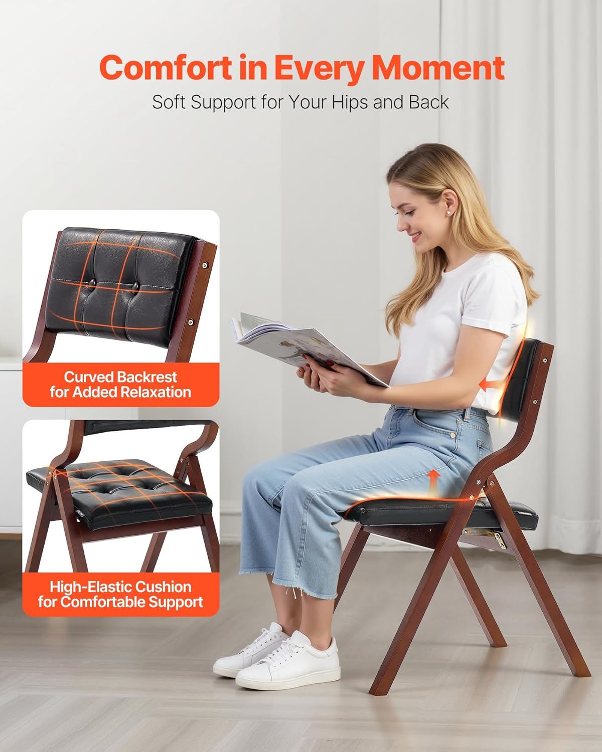 VEVOR Wooden Folding Chairs with Leather Cushion, Set of 2, Portable Foldable Cushion Chair with Wooden Frame, Easy Assembly, Modern Leather Padded Dining Chair for Office, Wedding, Party, Home, Black