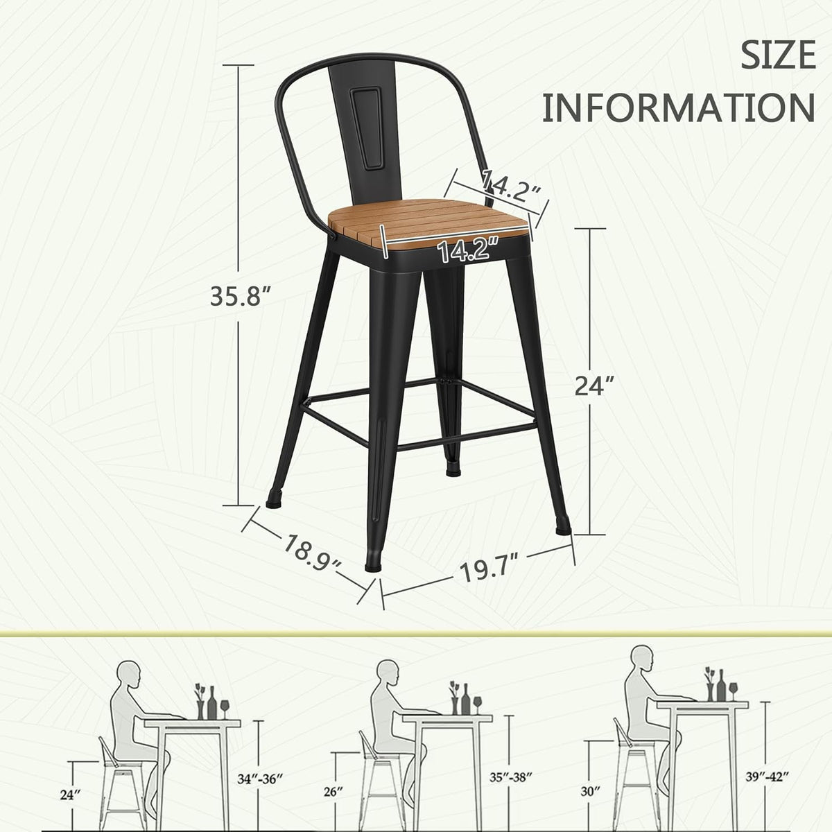 Outdoor Metal Bar Stools Set of 4,24 inch Barstools Counter Height Bar Stool with High Back Farmhouse Kitchen Dining Chairs Bar Funiture for Outside