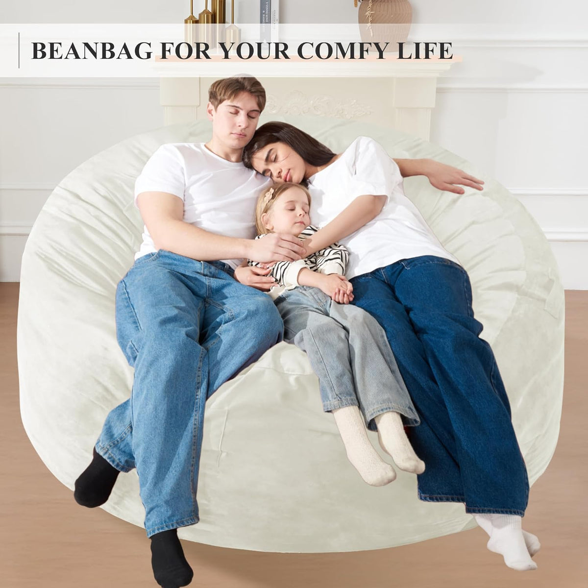 Homguava 6 FT Bean Bag Chair: 6' Bean Bags with Memory Foam Filled, Large Beanbag Chairs Soft Sofa with Dutch Velvet Cover-Beige