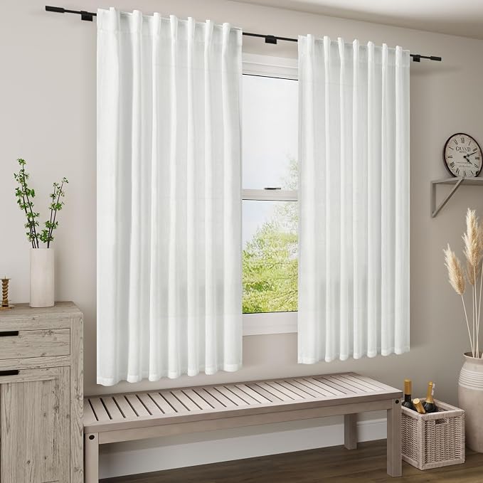 Nanspring Linen White Curtains 45 Inch Length 2 Panels