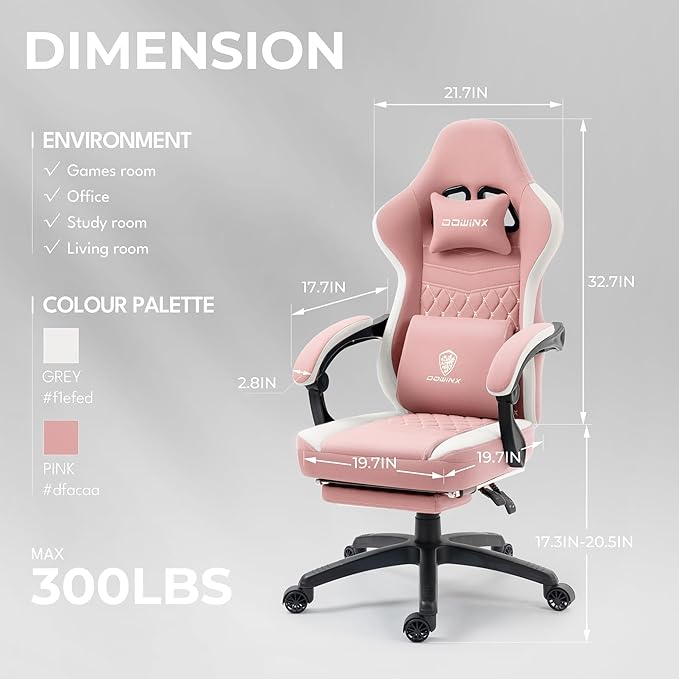Dowinx Gaming Chair Breathable Fabric Game Chair with Gel Pad and Storage Bag, Comfortable Gamer Chair with Pocket Spring Cushion, Ergonomic Computer Chair with Footrest, Pink