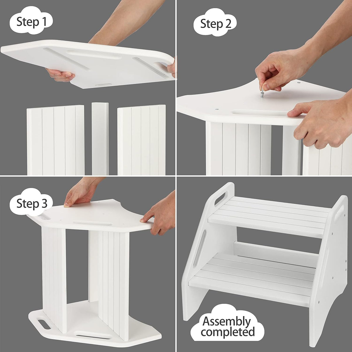 AMBIRD Wooden Two Step Stools Toddler with Safety Non-Slip Pads and Handles, Bamboo Step Stool for Bathroom, Bedroom, Kitchen Dual Height Step Stools for Kids (White)