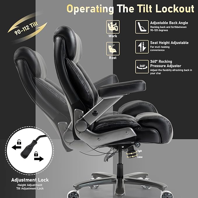 DYHOME 700LBS Heavy Duty Office Chair with 4d Armrest, Big and Tall Office Chair, Ergonomic Computer Chair with Airbag Lumbar Support, Wider Thicker Seat Cushion, PU Comfy Office Desk Chairs, Black