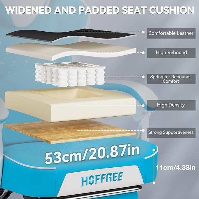 HOFFREE Gaming Chair with Speakers Massage Computer Gaming Chair with Pocket Spring Cushion for Adults Reclining Gamer Chair with Bluetooth Video Game Chairs with Footrest Sky Blue and White