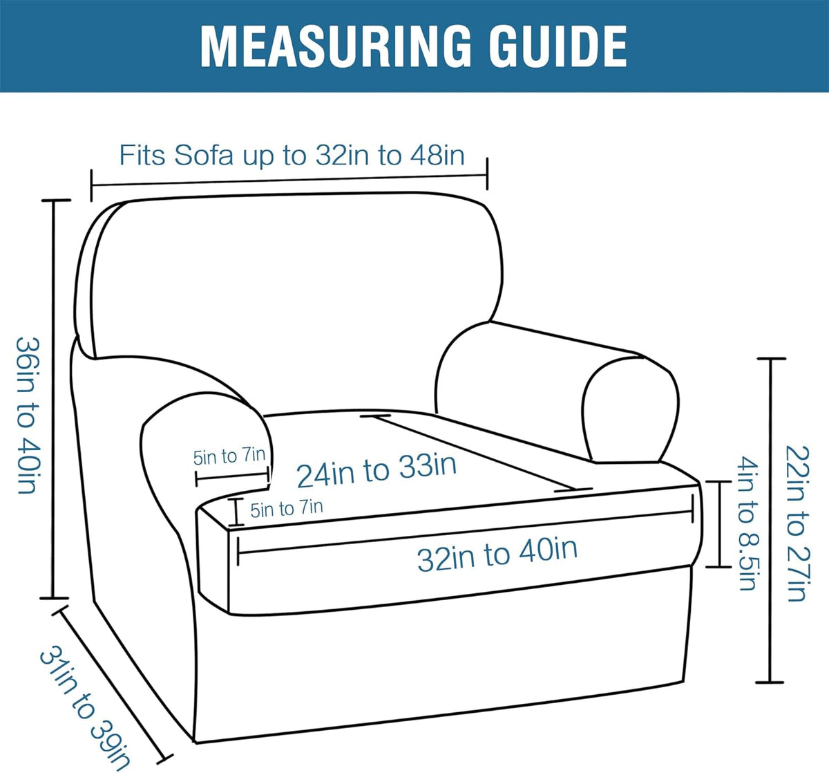 H.VERSAILTEX Sofa Cover 2 Piece T Cushion Armchair Slipcovers Thick Velvet Couch Cover Furniture Protector Stretch T Cushion Sofa Covers for 1 Cushion Couch with 1 T Cushion Covers, Stone Blue