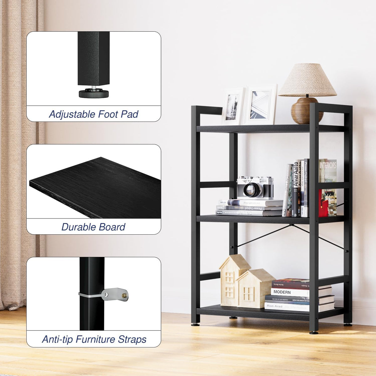 NUMENN 3 Tier Slim Bookshelf, Bookcase Shelf Storage Organizer, Modern Book Shelf for Bedroom, Living Room and Home Office, Black