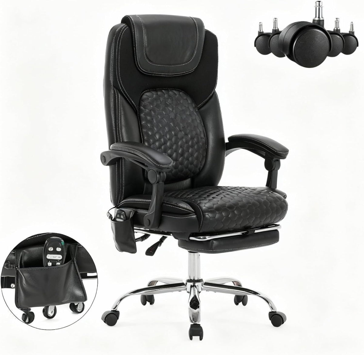 Massage Office Chair with Heat and Footrest –Reclining Desk Chair, Big and Tall Leather Computer Chair with Wheels, PU Executive Office Chair for Home, Gaming, Study, 300 lbs,Black