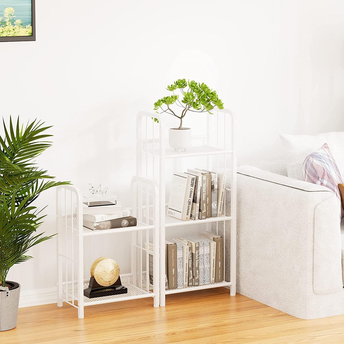 Bookshelf Storage Shelf Bookcase Freestanding Storage Stand for Living Room, Bedroom, Kitchen, Rust Resistance Easy Assembly Free Combination Multi-Functional Organizer (2 Tiers, White)