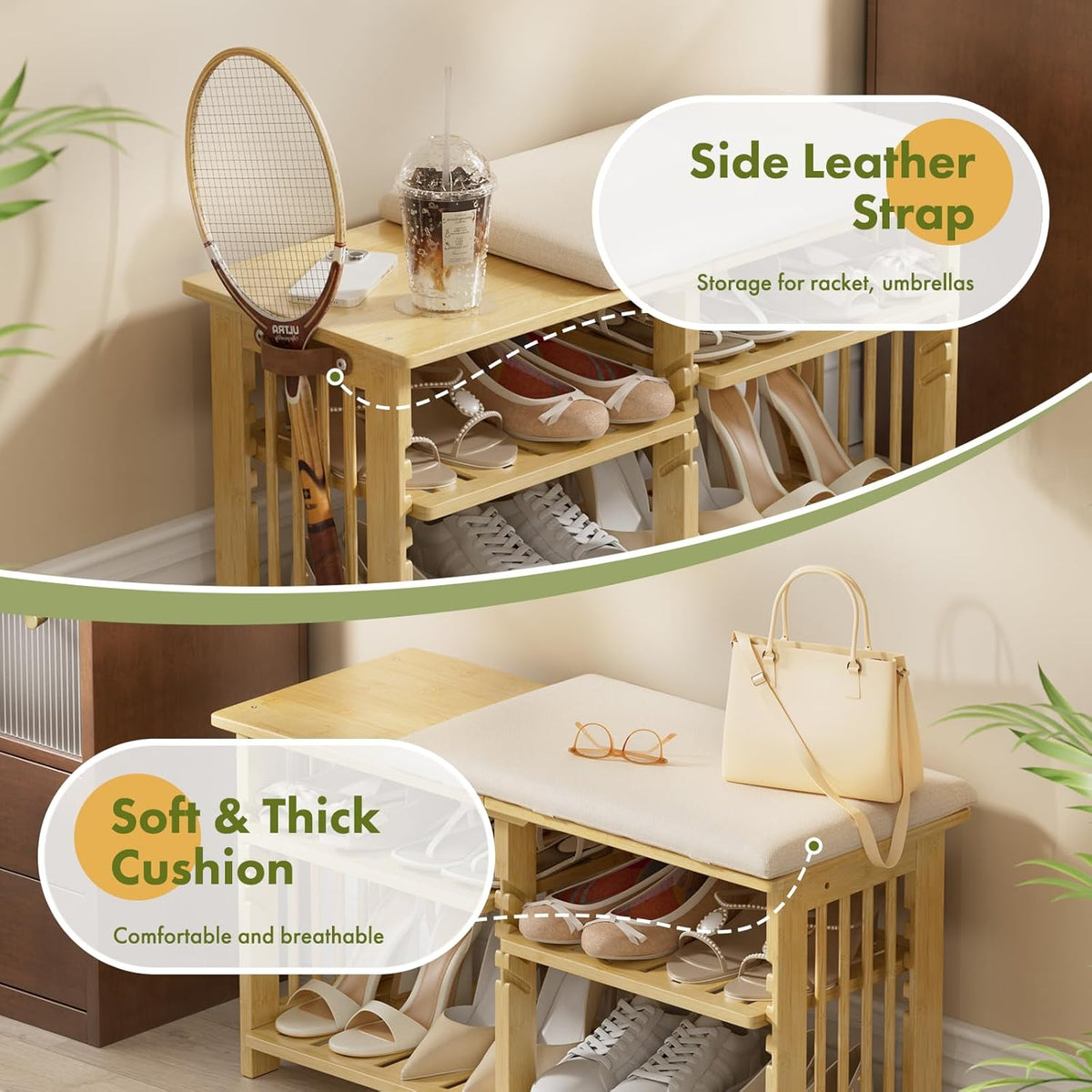 Amazer Bamboo Shoe Rack Bench, 3-Tier Shoe Bench Height Adjustable, Entry Bench with Side Storage Strap, Shoes Organizer Storage Bench, Shoe Shelf with Seat Cushion for Entryway, Living Room, Hallway