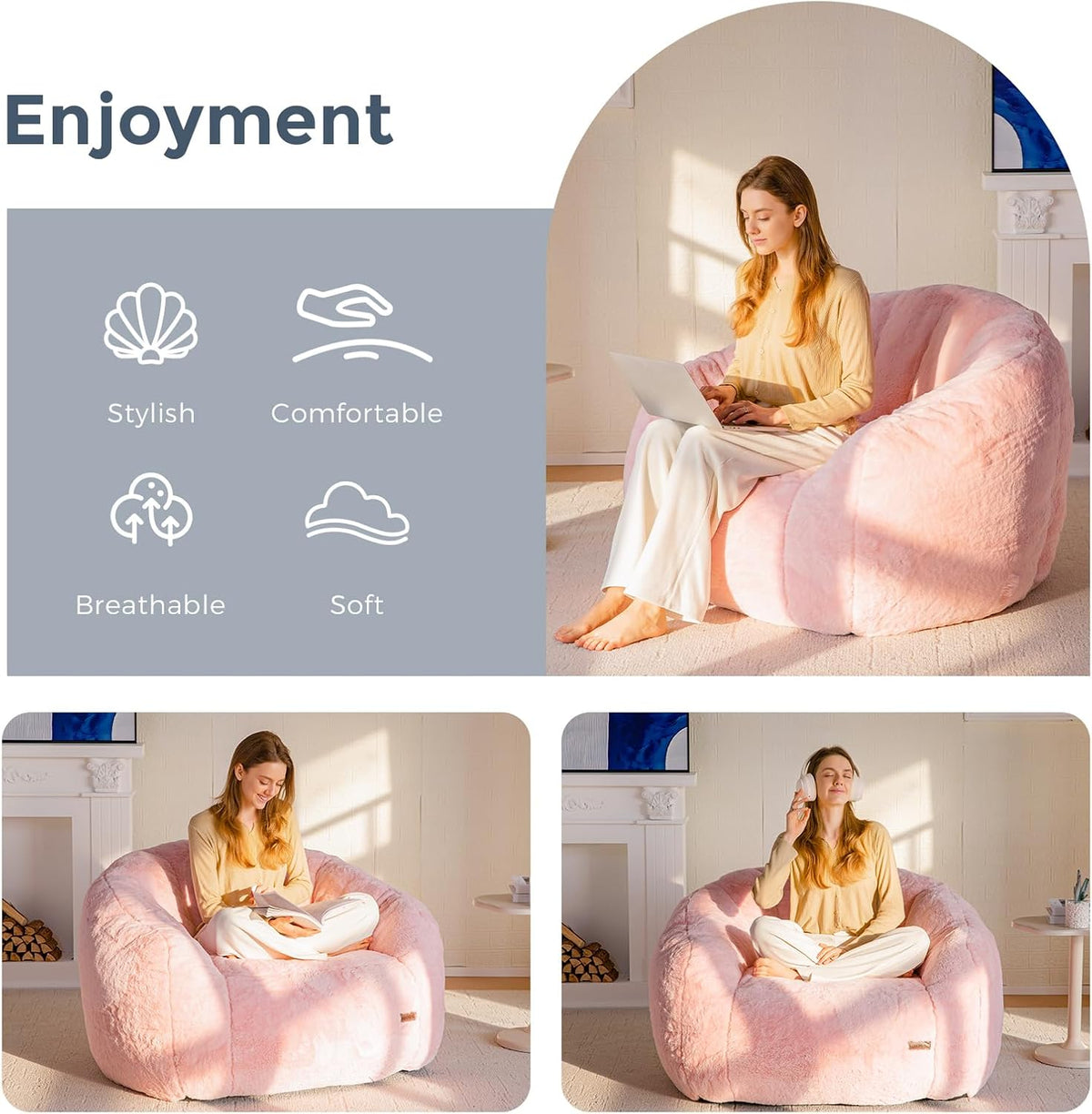 MAXYOYO Giant Bean Bag Chair, Oversized Bean Bag Couch for Adults and Kids, Faux Fur Shell-Shaped Large Chair with Filler, Stuffed Big Accent Sofa Lounge Floor Sofa for Gaming, Reading, Pink