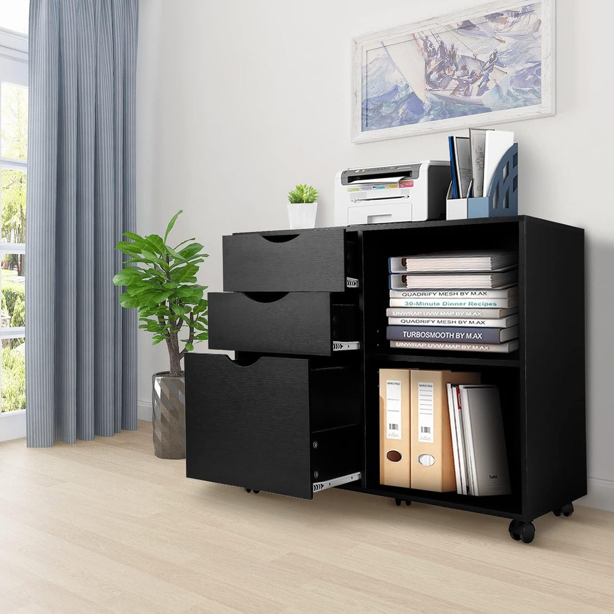 QDSSDECO 3-Drawer with Shelf Wood File Cabinet Mobile Lateral Filing Cabinet, with Rolling Wheel Printer Stand and Open Adjustable Storage Shelves, for Home Office, Black