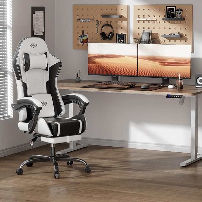HLDIRECT Gaming Chair, Ergonomic Video Game Seat with 360° Swivel & Lumbar Massage, Computer Chair PU Leather Cushion for Adults Home/Office Use (Black & White)