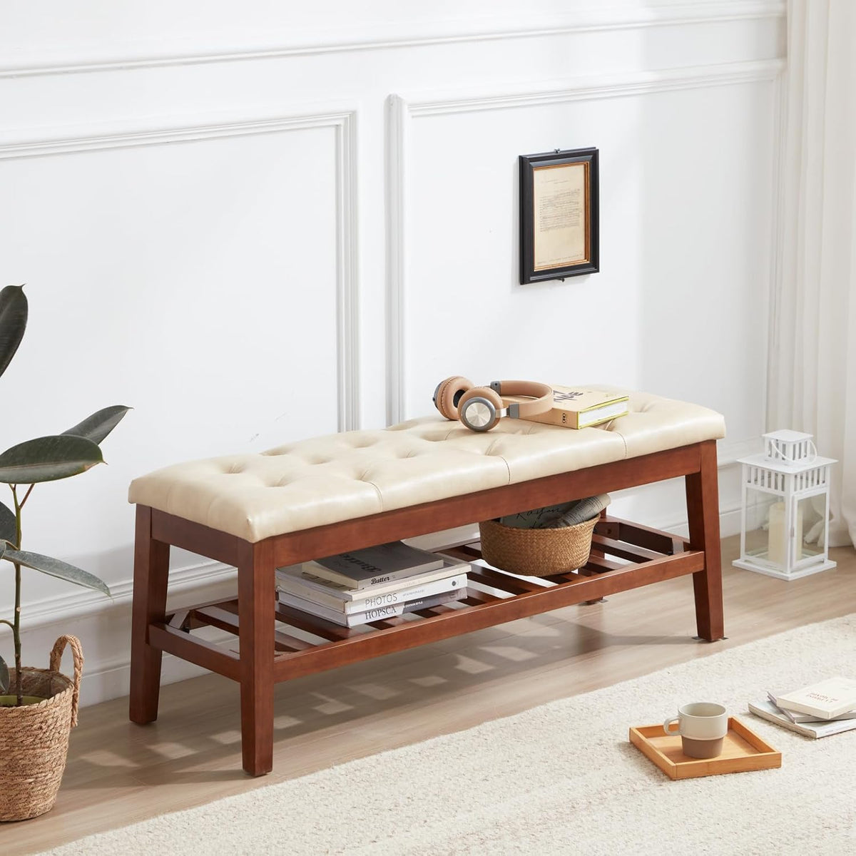 Upholstered Shoe Bench Entryway Bench for Bedroom, End of Bed, Ottoman Bench Tufted Padded Seat with Solid Wood Shelf for Living Room, Faux Leather Ivory