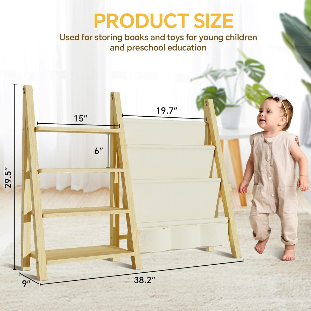 Toy Storage Organizer with Kids Bookshelf, Montessori Wooden Toy Organizer Book Shelf for Kids Rooms, Nursery, Playroom, Child, Baby, Toddler Bookcase, Toys Rack Fabric Sling Book Shelves