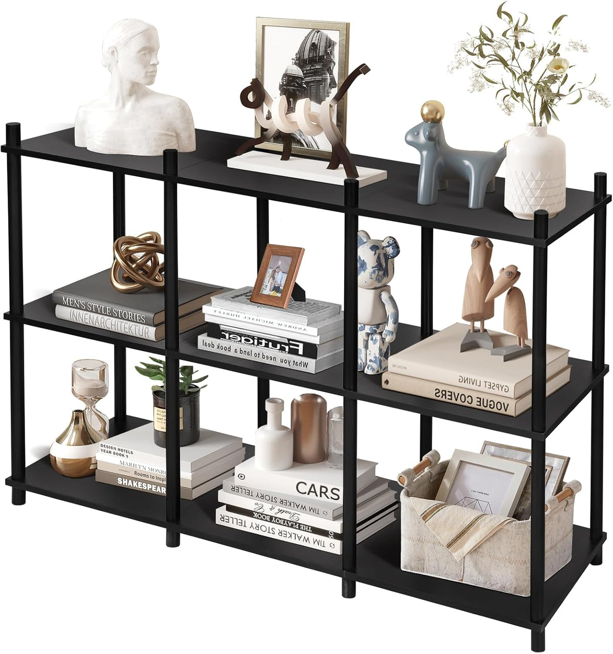 YGYQZ Short Book Shelf - 3 Tier Open Back Long Horizontal Wood Bookcase, 6 Cube Storage Shelf for Office Living Room Bedroom, Modern Black
