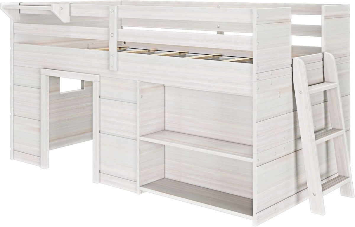Max & Lily Modern Farmhouse Twin Low Loft Bed with Bookcase - Solid Wood, 15” Guardrails, 400-lb Capacity, Low-VOC Finish, White Wash