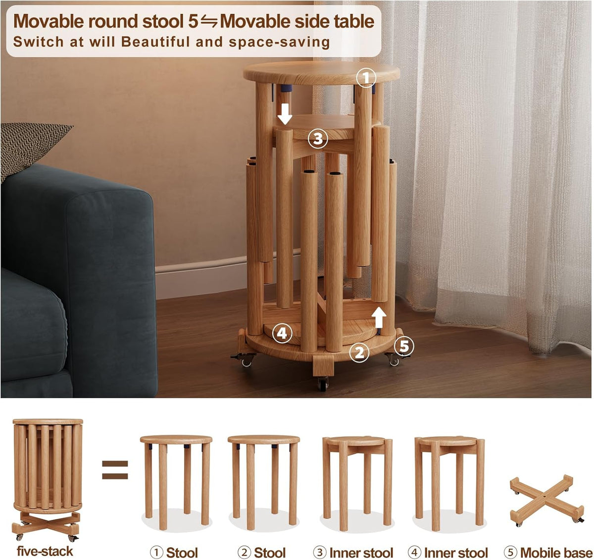 Stackable Stools Set of 4, Wooden Stool 18 Inch Stool Stackable Side Tables Nesting Table Sturdy and Durable, No Installation Required for End Table,Top Stackable Round Stools (Natural Mobile)