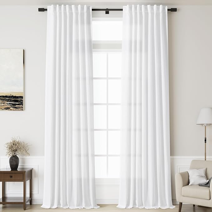 Nanspring White Linen Extra Long Curtains 121 Inches Long 2 Panels Set Back Tab