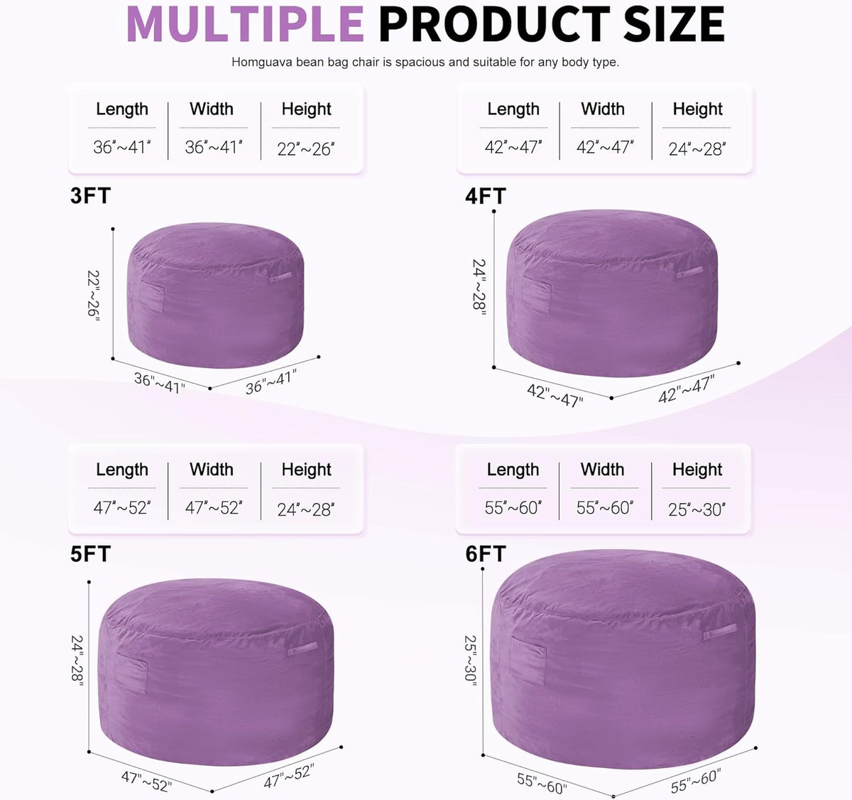 Homguava 3FT Bean Bag Chair: 3' Bean Bags with Memory Foam Filled, Large Beanbag Chairs Soft Sofa with Dutch Velvet Cover-Purple
