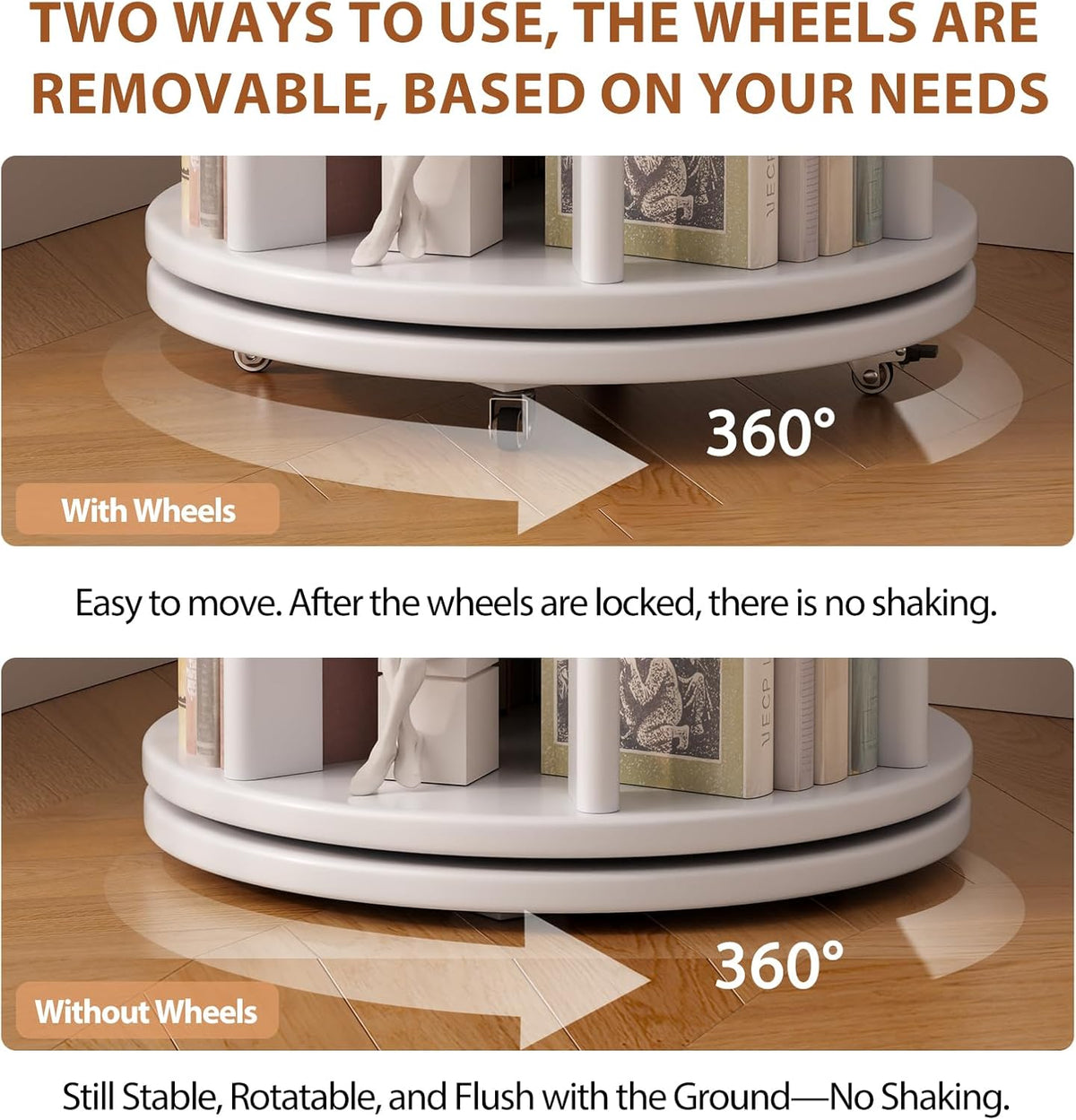 Solid Wood Rotating Bookshelf on Wheels, 6 Tier, Round Revolving Bookcase, 360° Spinning Book Shelf Tower for Kids, Narrow Rolling Bookshelves for Small Space, Corner, Bedroom, Office, White
