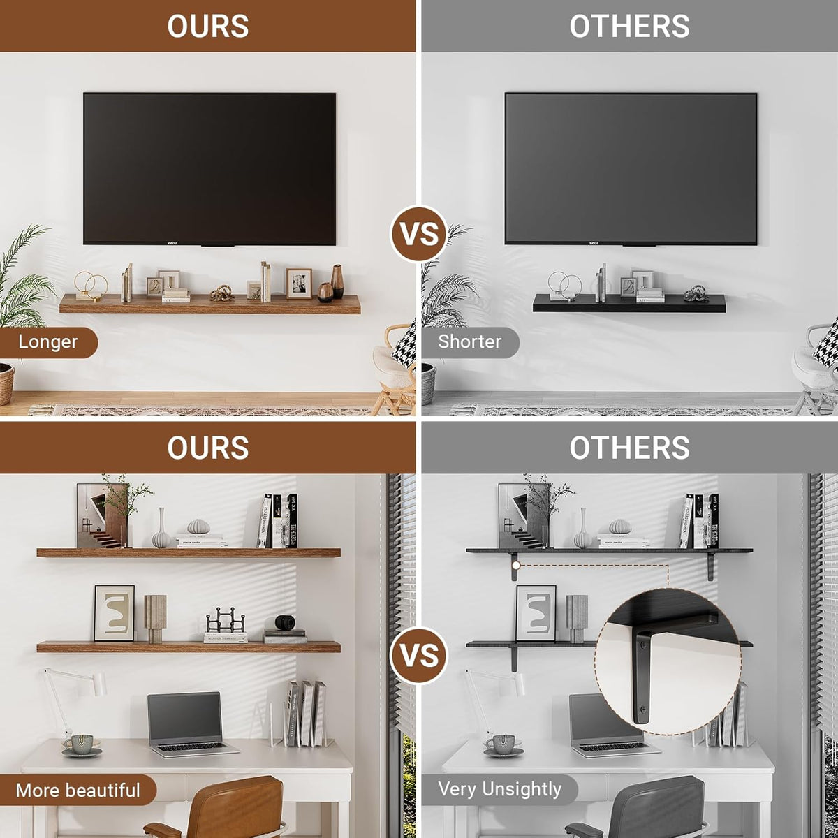 Heimlove 40 Inches Floating Shelves for Wall,9.3" Deep Walnut Long Floating Shelves Set of 2,Large Display Shelf & Storage Shelf,Wall Shelf for Bathroom Bedroom Living Room Kitchen Office