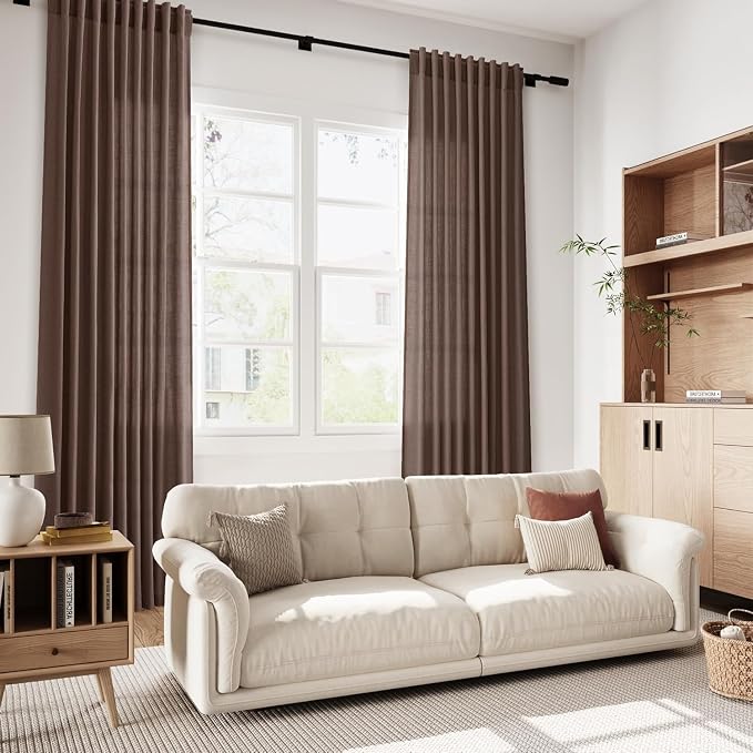 Cappuccino Linen Curtains for Living Room 98 Inches Long Light Filtering Semi