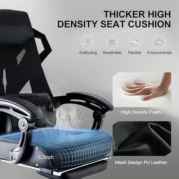 GTRACING Gaming Chair, Computer Chair with Mesh Back, Ergonomic Gaming Chair with Footrest, Reclining Gamer Chair with Adjustable Headrest and Lumbar Support for Gaming and Office (Black)
