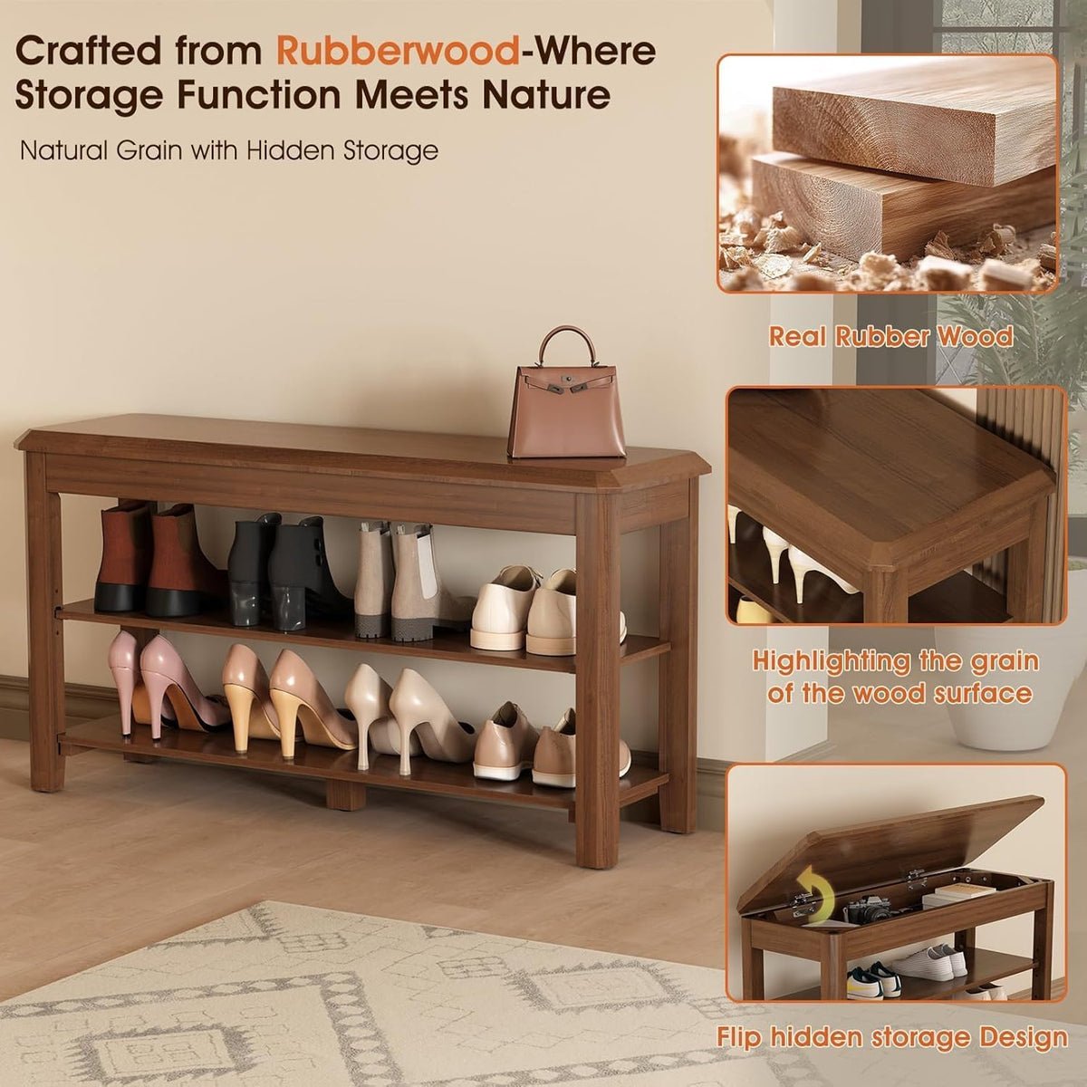 Shoe Rack for Front Door Entrance, Solid Wood Shoe Bench for Closet, Holds Up to 550lbs, Shoe Rack Bench for Entryway, Mudroom, Hallway