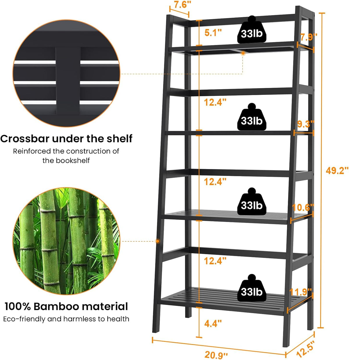 Homykic Bamboo Bookshelf 4-Tier Ladder Shelf, 49.2” Freestanding Open Bookcase Book Shelf Bathroom Storage Shelf Unit Plant Stand for Small Space, Living Room, Bedroom, Home Office, Black
