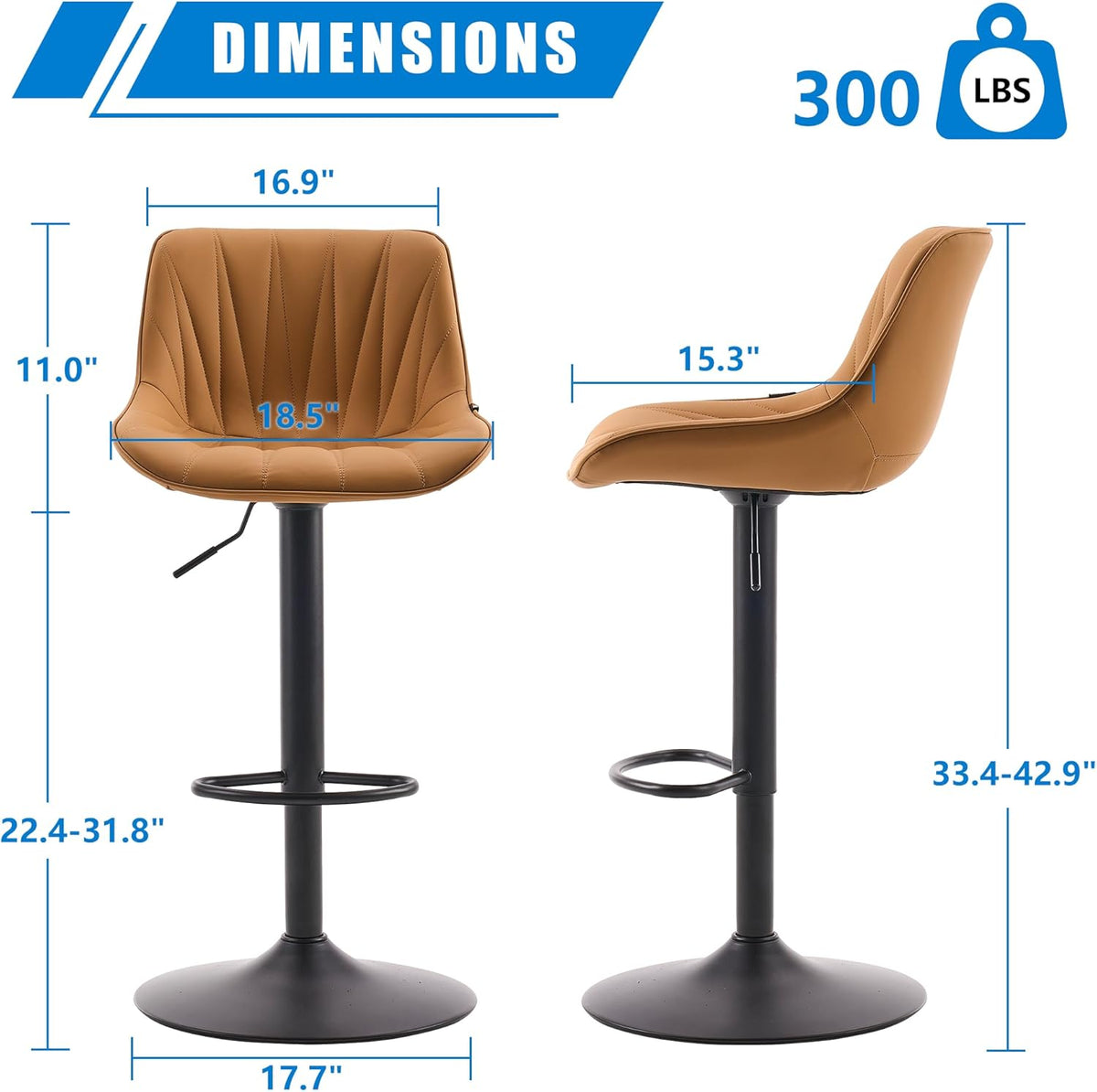 YOUNIKE Saffron Bar Stools Set of 2, Tan Swivel Barstools for Kitchen Island, Adjustable Leather Padded Bar Chairs with Back, Modern Counter Height Stools with 300LBS Support