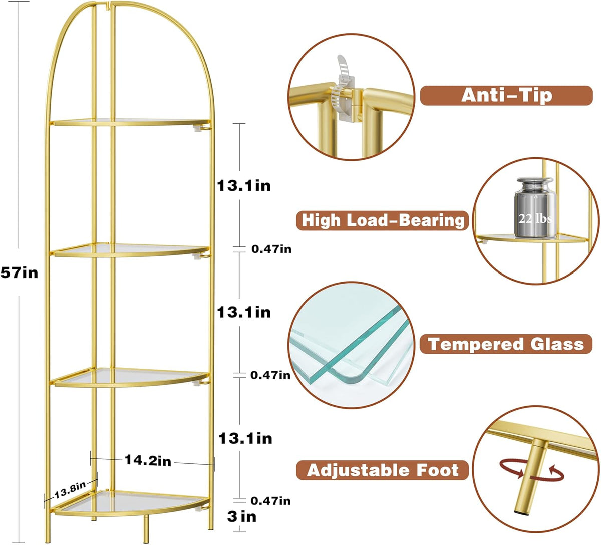 Crofy Foldable 4 Tier Corner Shelf, Metal Corner Plant Stand with Gold Frame and Transparent Shelves, Corner Display Rack Multipurpose Shelving Unit for Living Room, Bedroom, Bathroom