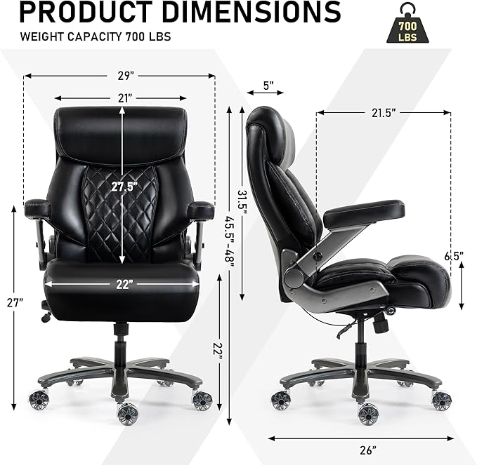 DYHOME 700LBS Heavy Duty Office Chair with 4d Armrest, Big and Tall Office Chair, Ergonomic Computer Chair with Airbag Lumbar Support, Wider Thicker Seat Cushion, PU Comfy Office Desk Chairs, Black