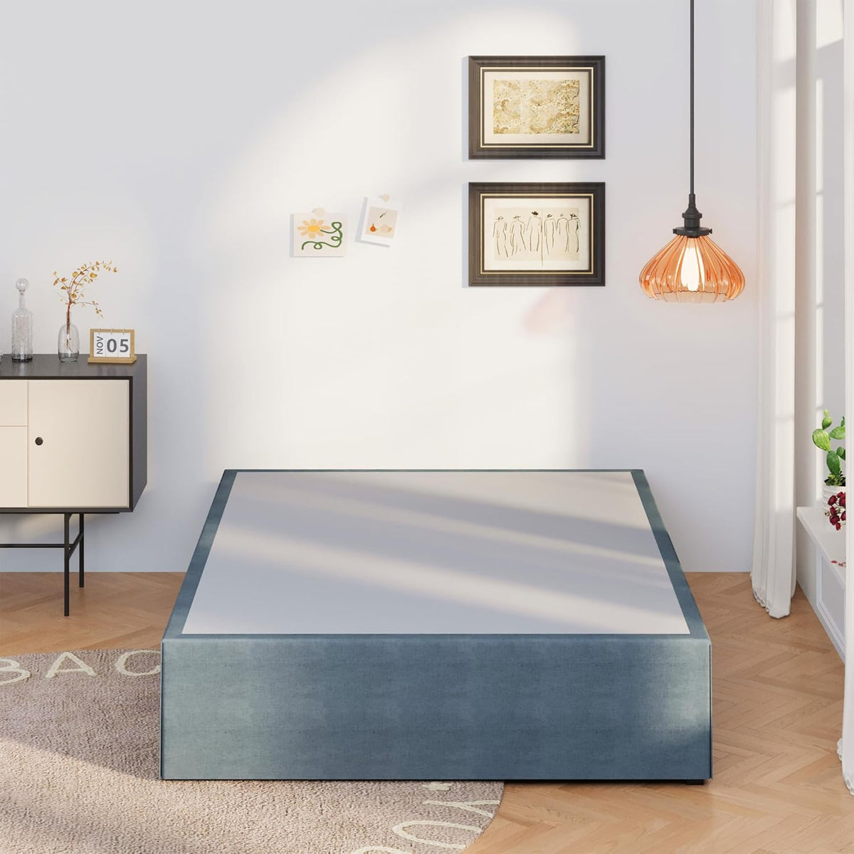 16 Inch Bed Frame Queen Size with Fabric Cover, Metal Platform Queen Bed Frame with Storage No Box Spring Needed, Heavy Duty Non-Slip, Easy Assembly Mattress Foundation