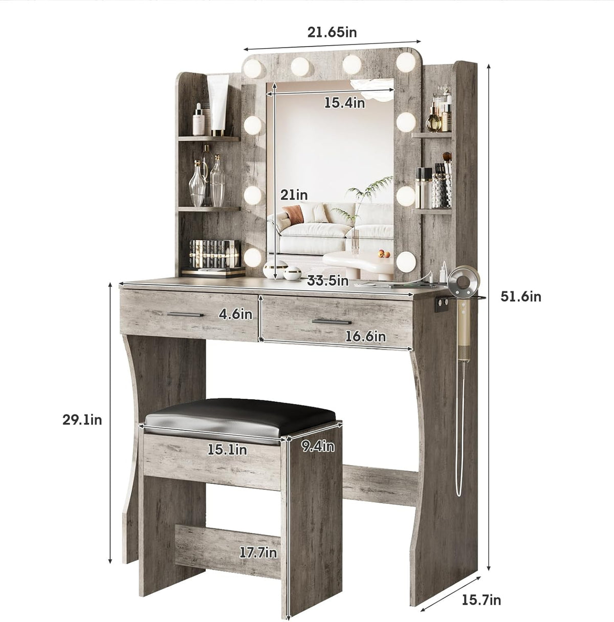 Vabches Vanity Desk with Mirror and Lights,Makeup Vanity Table with Charging Station,2 Drawer Bedroom Dressing Table with 3 Colors Modes Dimming & Cushioned Stool,Light Rustic Oak