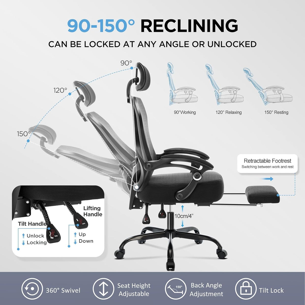 Ergonomic Office Chair with Footrest,Ultra Thick Reclining Office Desk Chair with Adjustable 2D Lumbar Support and Headrest,Spring Cushion,High Back Premium Mesh Computer Chair Office Chairs,Black