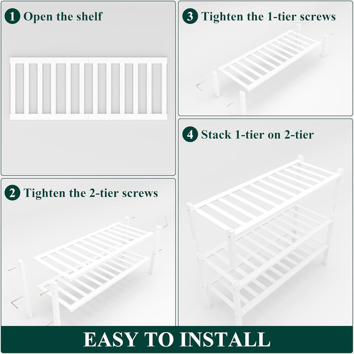 Smiry Shoe Rack, 3 Tier Small Bamboo Shoe Organizer, Stackable Free Standing Wooden Shoe Storage Shelf for Closet, Entryway, Front Door Entrance, White