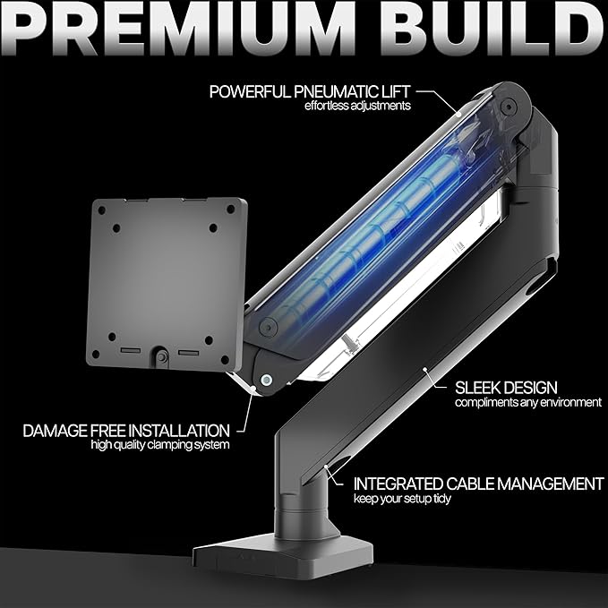 VIVO Premium Aluminum Monitor Arm for Ultrawide Screens up to 49 inches and 33 lbs, Heavy Duty Single Desk Mount, Pneumatic Height, Max VESA 100x100, Black, STAND-V101G1