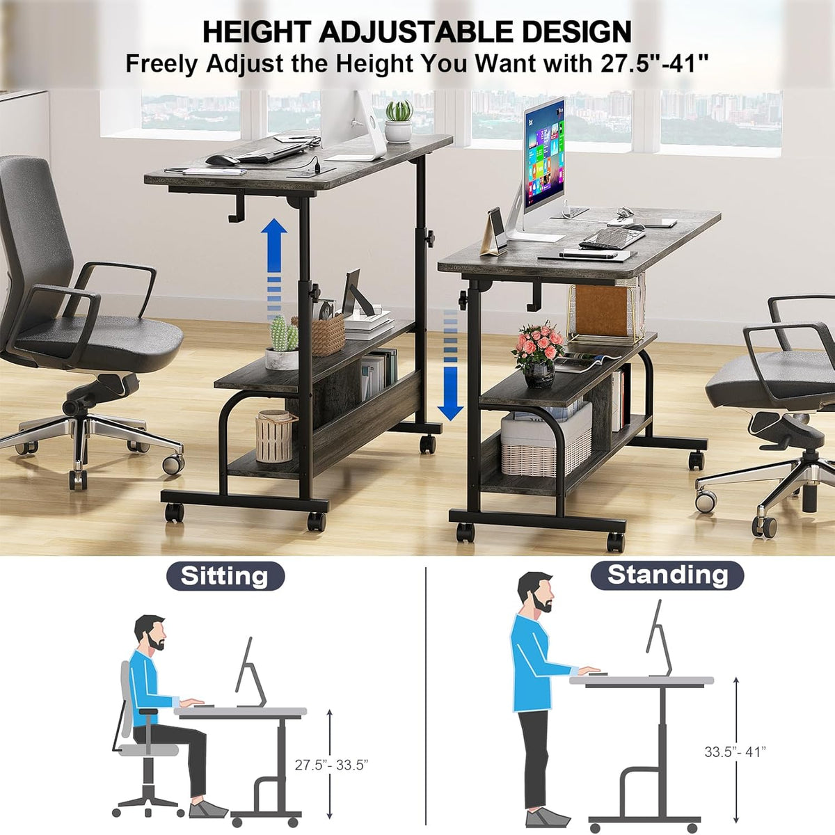 Height Adjustable Standing Desk with Power Outlets, 47" Manual Stand Up Desk with Storage Shelves Small Mobile Rolling Computer Desk Portable Laptop Table with Wheels for Home Office, Grey Oak