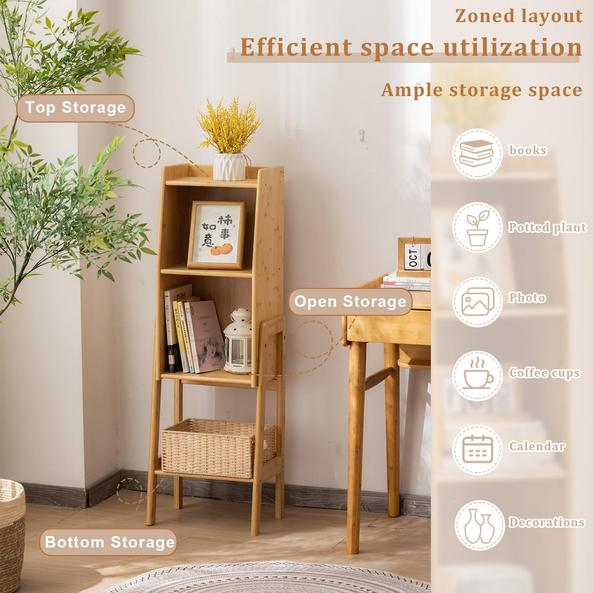 3-Tier Bamboo Bookshelf - Wood Bookcase Organizer with Open Shelves for Living Room & Home Office-Natural Medium