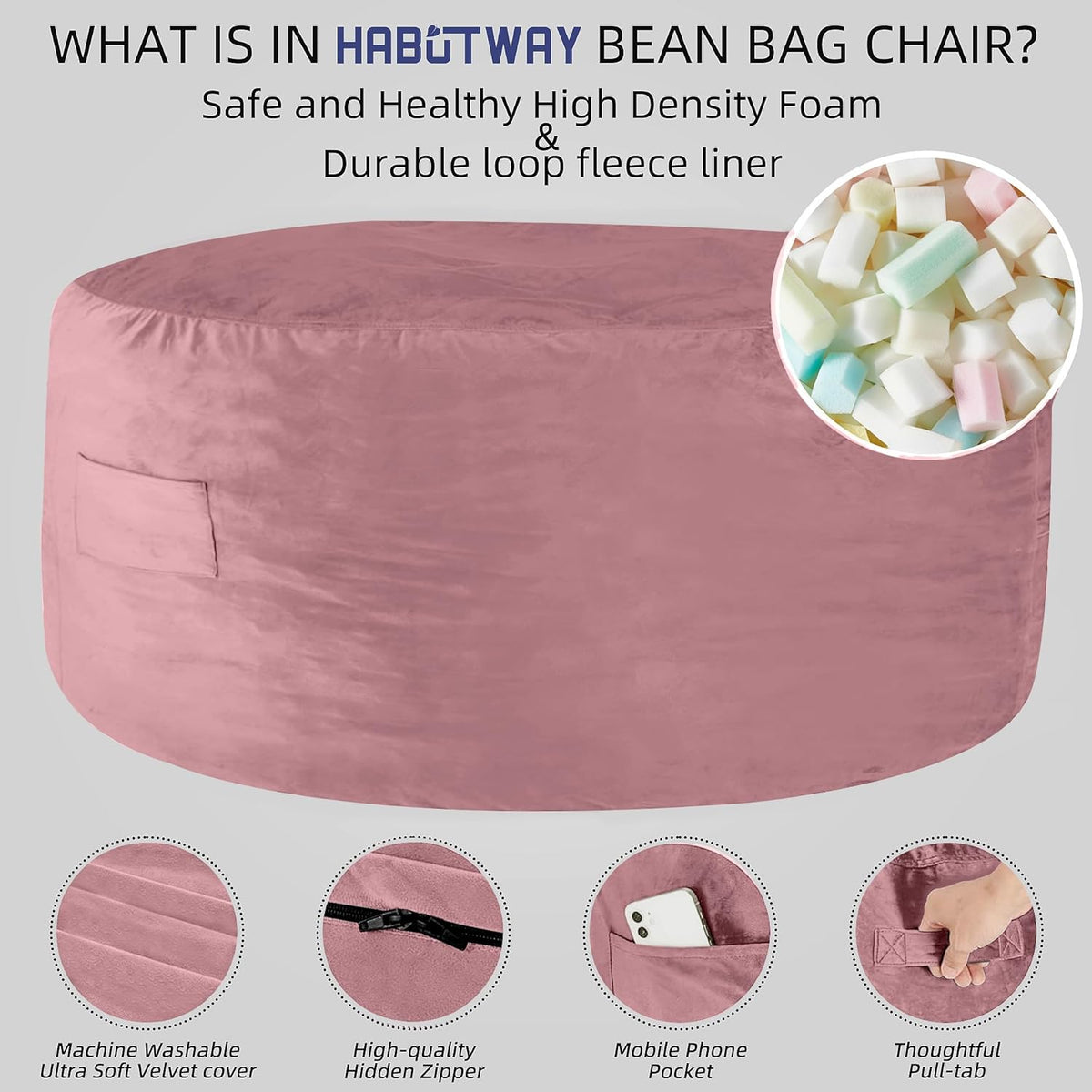 HABUTWAY Bean Bag Chair: Giant 5' Memory Foam Furniture Bean Bag Chairs for Adults with Microfiber Cover 5Ft (Soft Pink)