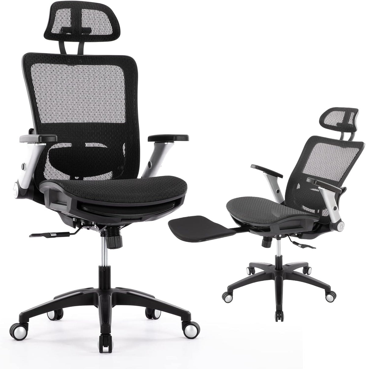 COLAMY Ergonomic Mesh Office Chair with Footrest, High Back Computer Executive Desk Chair with Headrest and 4D Flip-up Armrests, Adjustable Tilt Lock and Lumbar Support-Black