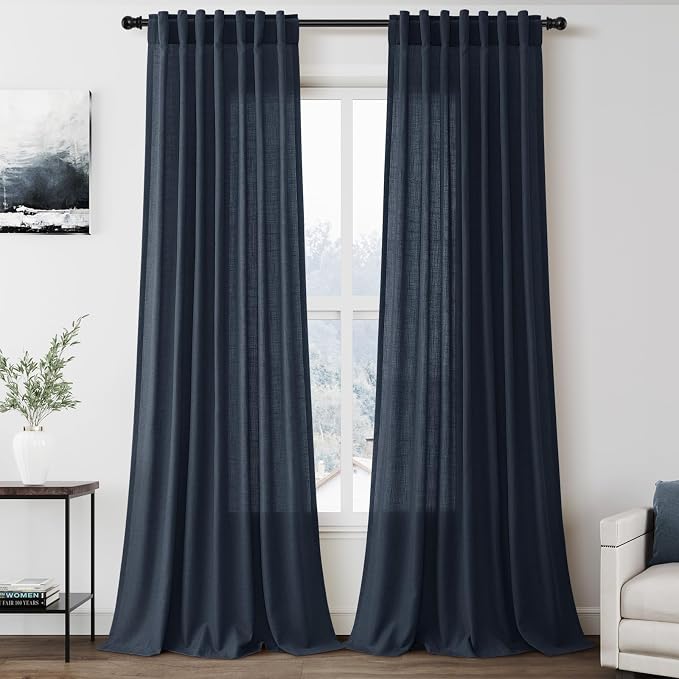 Extra Long Vintage Blue Linen Curtains 120 Inch