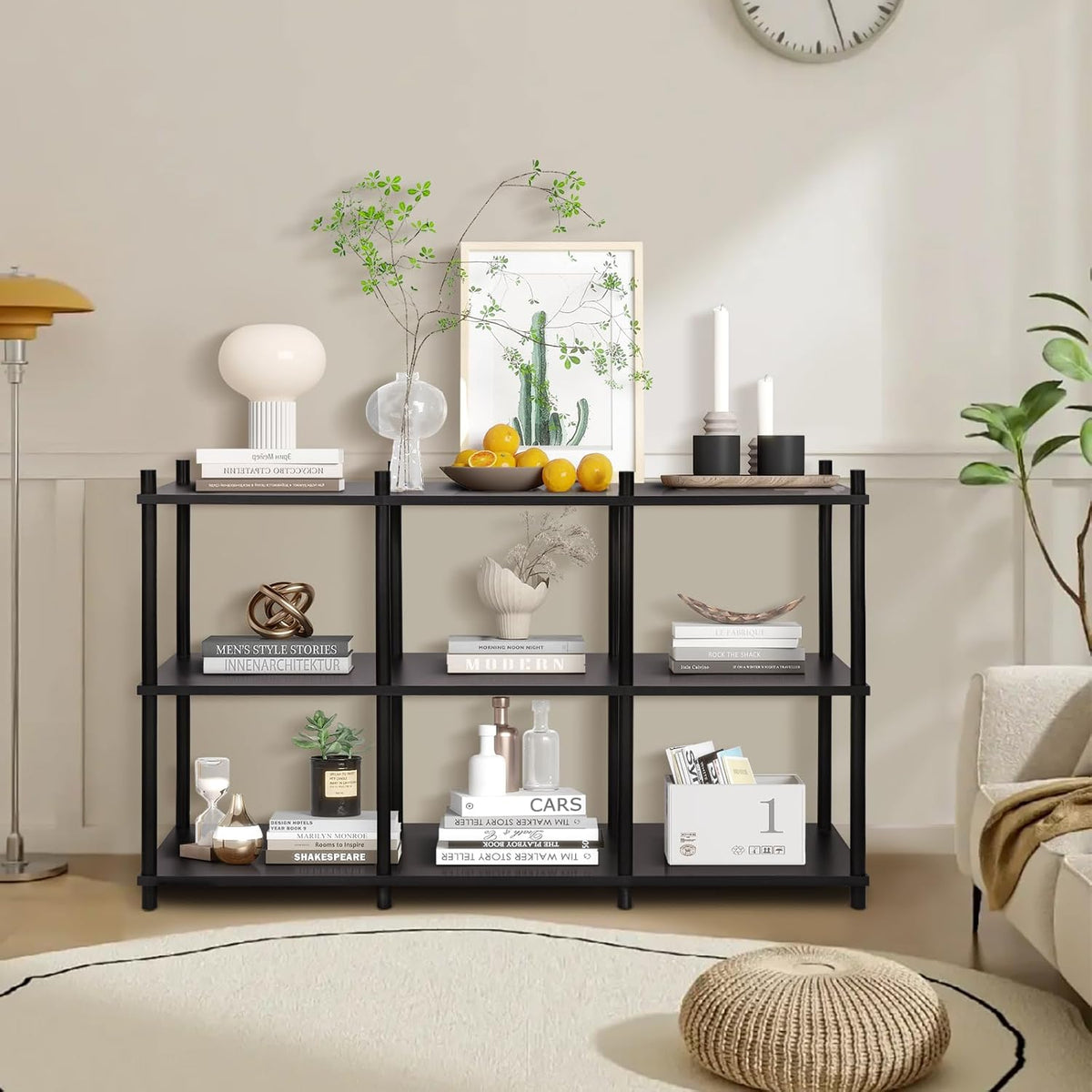 YGYQZ Short Book Shelf - 3 Tier Open Back Long Horizontal Wood Bookcase, 6 Cube Storage Shelf for Office Living Room Bedroom, Modern Black