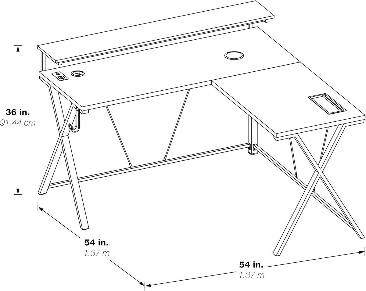 OSP Home Furnishings Checkpoint Battlestation L Shaped Gaming Desk with RGB LED Lights, Black